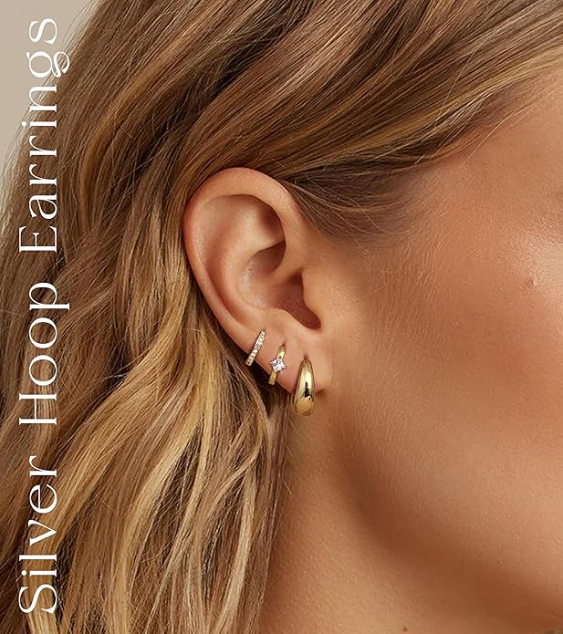 3 Pairs Silver Earrings for Women Trendy 14K Gold Plated/Sterling Silver Plated Earring Set for Multiple Small Huggie Hoop Earrings Stack Chunky Gold Hoops Hypoallergenic Lightweight Thick Jewelry EH-015