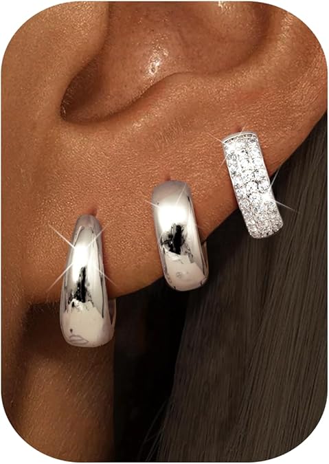 3 Pairs Silver Earrings for Women Trendy 14K Gold Plated/Sterling Silver Plated Earring Set for Multiple Small Huggie Hoop Earrings Stack Chunky Gold Hoops Hypoallergenic Lightweight Thick Jewelry EH-015