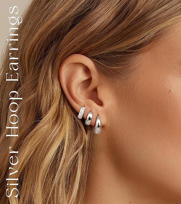3 Pairs Silver Earrings for Women Trendy 14K Gold Plated/Sterling Silver Plated Earring Set for Multiple Small Huggie Hoop Earrings Stack Chunky Gold Hoops Hypoallergenic Lightweight Thick Jewelry EH-015