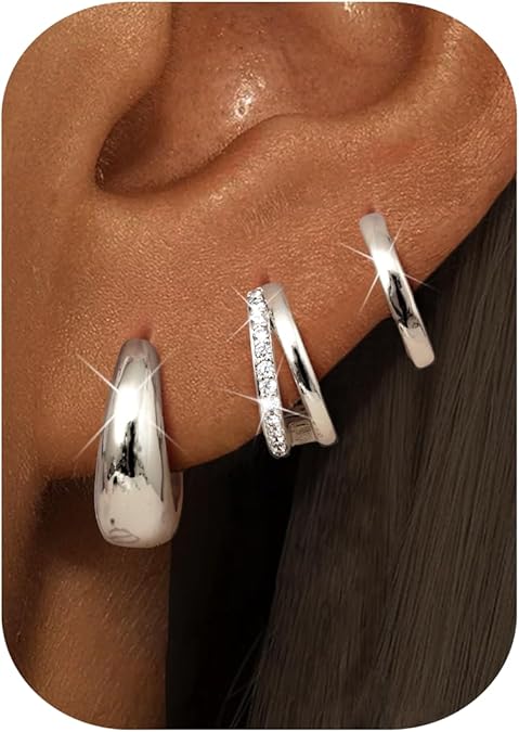 3 Pairs Silver Earrings for Women Trendy 14K Gold Plated/Sterling Silver Plated Earring Set for Multiple Small Huggie Hoop Earrings Stack Chunky Gold Hoops Hypoallergenic Lightweight Thick Jewelry EH-015