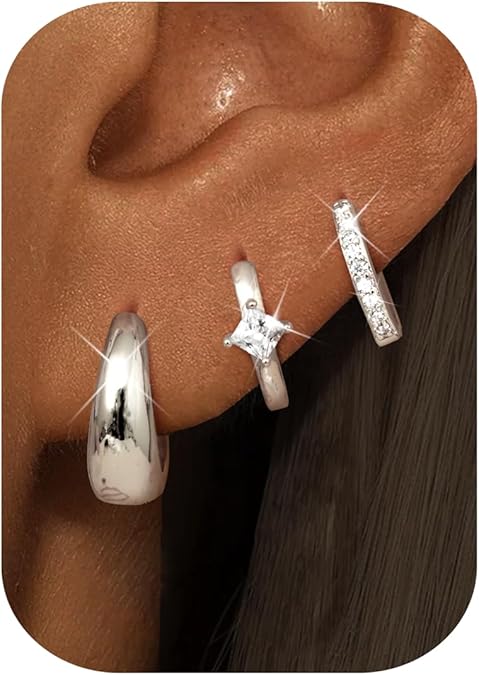 3 Pairs Silver Earrings for Women Trendy 14K Gold Plated/Sterling Silver Plated Earring Set for Multiple Small Huggie Hoop Earrings Stack Chunky Gold Hoops Hypoallergenic Lightweight Thick Jewelry EH-015