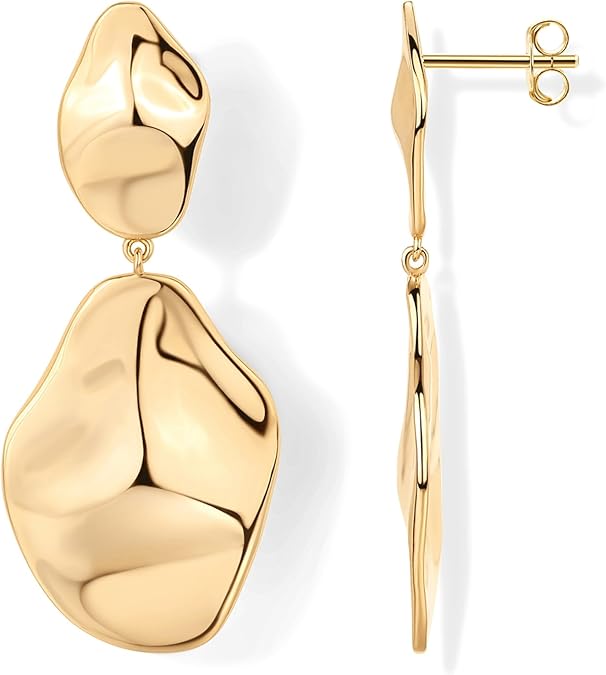 14K Gold Plated 925 Sterling Silver Posts Teardrop Statement Dangle Earrings | Lightweight Hammered Drop Dangle Earrings for Women EH-016