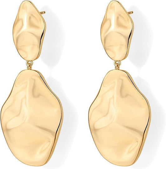 14K Gold Plated 925 Sterling Silver Posts Teardrop Statement Dangle Earrings | Lightweight Hammered Drop Dangle Earrings for Women EH-016