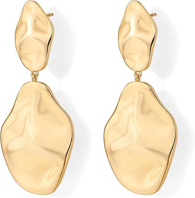 14K Gold Plated 925 Sterling Silver Posts Teardrop Statement Dangle Earrings | Lightweight Hammered Drop Dangle Earrings for Women EH-016