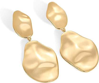 14K Gold Plated 925 Sterling Silver Posts Teardrop Statement Dangle Earrings | Lightweight Hammered Drop Dangle Earrings for Women EH-016