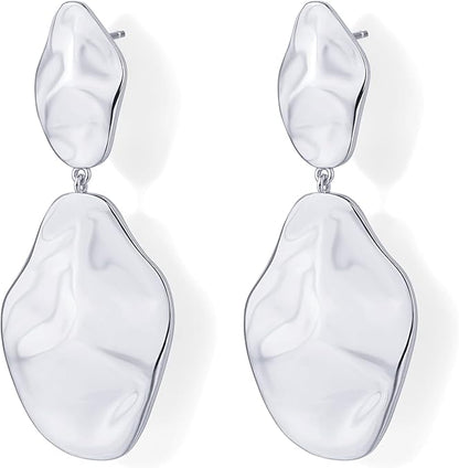 14K Gold Plated 925 Sterling Silver Posts Teardrop Statement Dangle Earrings | Lightweight Hammered Drop Dangle Earrings for Women EH-016