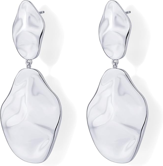 14K Gold Plated 925 Sterling Silver Posts Teardrop Statement Dangle Earrings | Lightweight Hammered Drop Dangle Earrings for Women EH-016