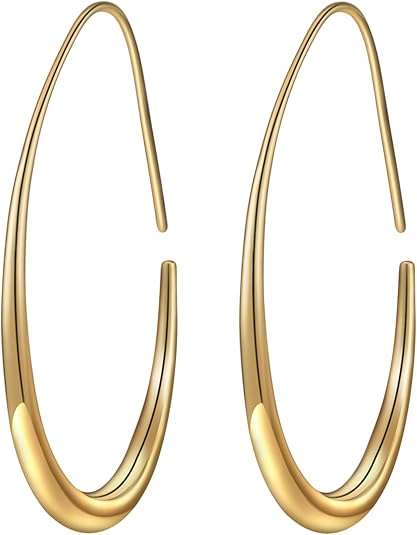 Lightweight Teardrop Hoop Earrings for Women - 14k Gold/White Gold Plated Large Oval Pull Through Hoop Earrings High Polished Statement Jewelry Gift for Women EH-018