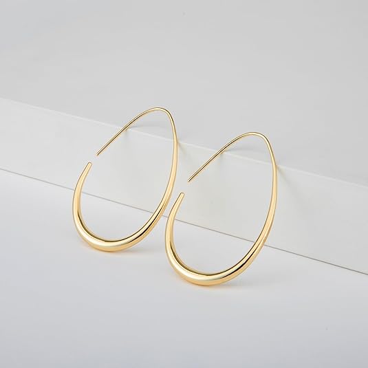 Lightweight Teardrop Hoop Earrings for Women - 14k Gold/White Gold Plated Large Oval Pull Through Hoop Earrings High Polished Statement Jewelry Gift for Women EH-018