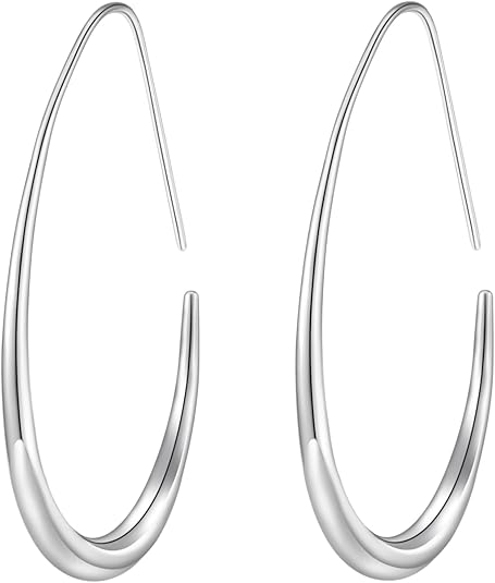 Lightweight Teardrop Hoop Earrings for Women - 14k Gold/White Gold Plated Large Oval Pull Through Hoop Earrings High Polished Statement Jewelry Gift for Women EH-018