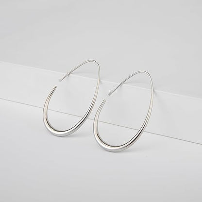 Lightweight Teardrop Hoop Earrings for Women - 14k Gold/White Gold Plated Large Oval Pull Through Hoop Earrings High Polished Statement Jewelry Gift for Women EH-018