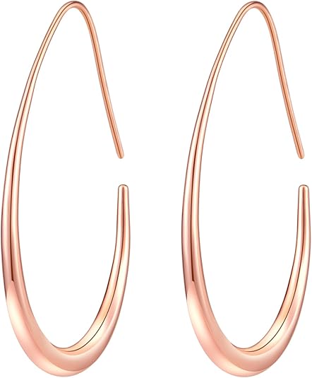 Lightweight Teardrop Hoop Earrings for Women - 14k Gold/White Gold Plated Large Oval Pull Through Hoop Earrings High Polished Statement Jewelry Gift for Women EH-018