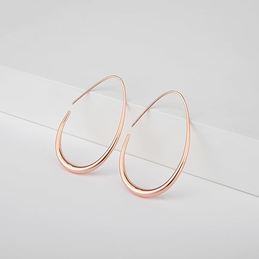 Lightweight Teardrop Hoop Earrings for Women - 14k Gold/White Gold Plated Large Oval Pull Through Hoop Earrings High Polished Statement Jewelry Gift for Women EH-018