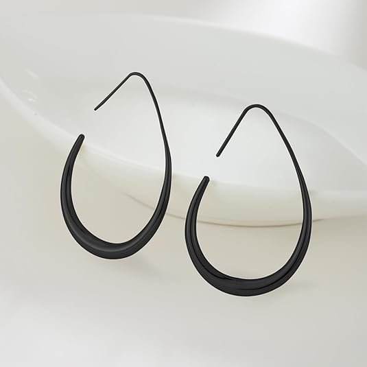 Lightweight Teardrop Hoop Earrings for Women - 14k Gold/White Gold Plated Large Oval Pull Through Hoop Earrings High Polished Statement Jewelry Gift for Women EH-018