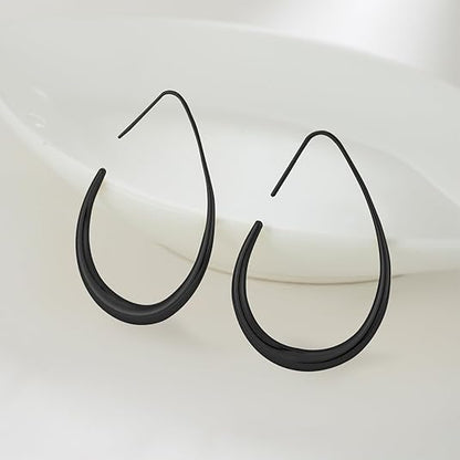 Lightweight Teardrop Hoop Earrings for Women - 14k Gold/White Gold Plated Large Oval Pull Through Hoop Earrings High Polished Statement Jewelry Gift for Women EH-018