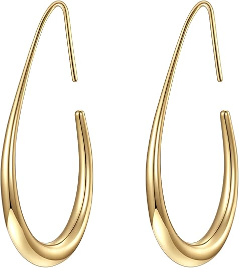 Lightweight Teardrop Hoop Earrings for Women - 14k Gold/White Gold Plated Large Oval Pull Through Hoop Earrings High Polished Statement Jewelry Gift for Women EH-018
