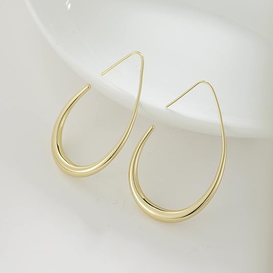 Lightweight Teardrop Hoop Earrings for Women - 14k Gold/White Gold Plated Large Oval Pull Through Hoop Earrings High Polished Statement Jewelry Gift for Women EH-018