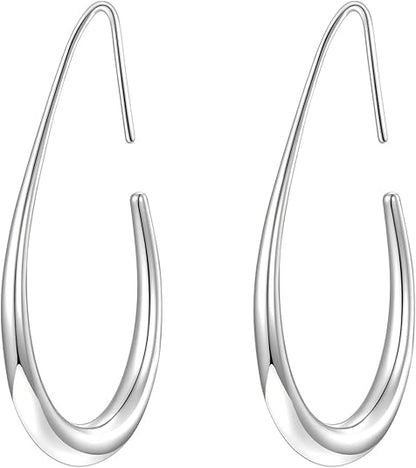 Lightweight Teardrop Hoop Earrings for Women - 14k Gold/White Gold Plated Large Oval Pull Through Hoop Earrings High Polished Statement Jewelry Gift for Women EH-018