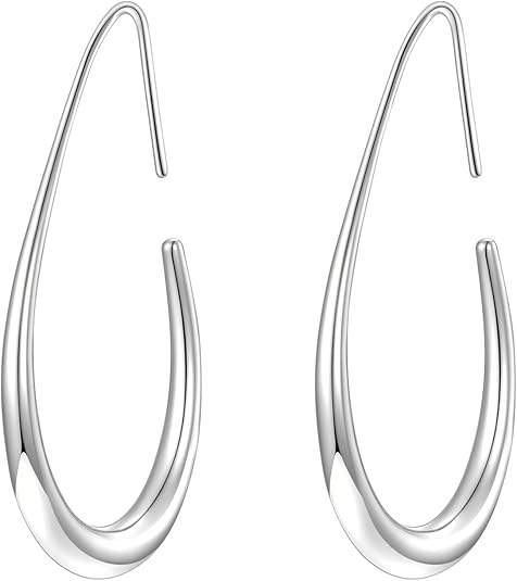Lightweight Teardrop Hoop Earrings for Women - 14k Gold/White Gold Plated Large Oval Pull Through Hoop Earrings High Polished Statement Jewelry Gift for Women EH-018