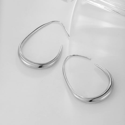 Lightweight Teardrop Hoop Earrings for Women - 14k Gold/White Gold Plated Large Oval Pull Through Hoop Earrings High Polished Statement Jewelry Gift for Women EH-018