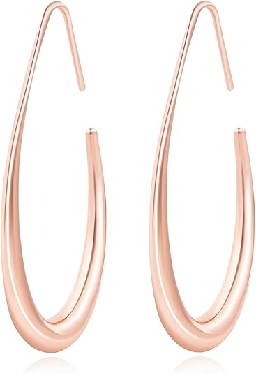 Lightweight Teardrop Hoop Earrings for Women - 14k Gold/White Gold Plated Large Oval Pull Through Hoop Earrings High Polished Statement Jewelry Gift for Women EH-018