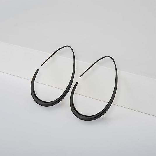 Lightweight Teardrop Hoop Earrings for Women - 14k Gold/White Gold Plated Large Oval Pull Through Hoop Earrings High Polished Statement Jewelry Gift for Women EH-018