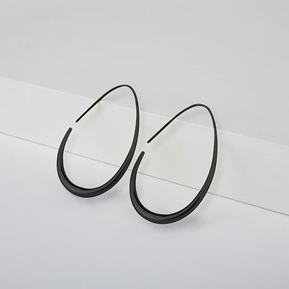 Lightweight Teardrop Hoop Earrings for Women - 14k Gold/White Gold Plated Large Oval Pull Through Hoop Earrings High Polished Statement Jewelry Gift for Women EH-018