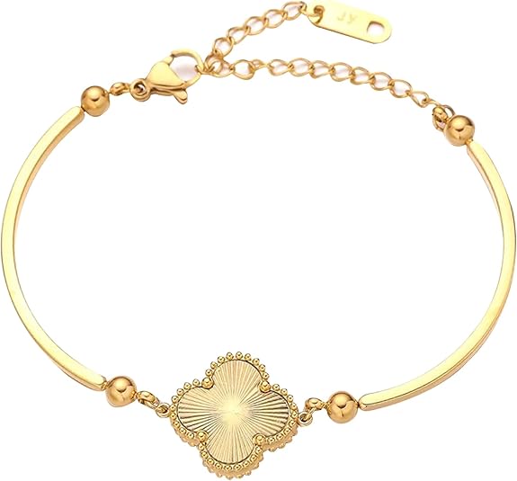 18K Gold Stainless Steel Bracelet with Sun Ray/Clove Charm, Chain Link Accents SL-029