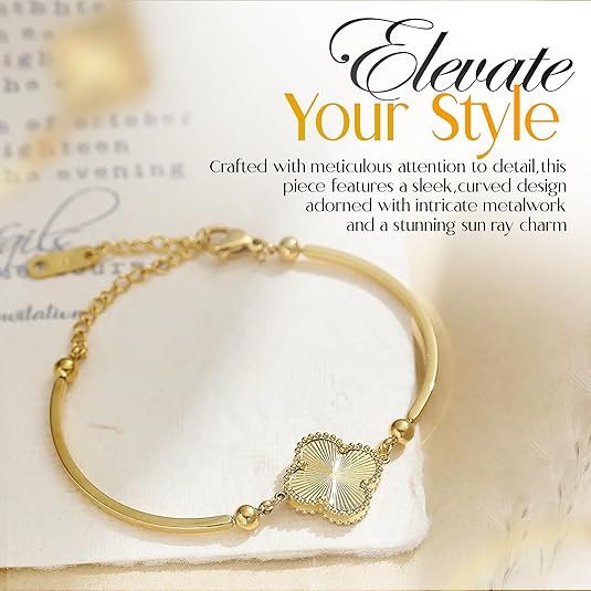 18K Gold Stainless Steel Bracelet with Sun Ray/Clove Charm, Chain Link Accents SL-029