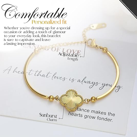 18K Gold Stainless Steel Bracelet with Sun Ray/Clove Charm, Chain Link Accents SL-029