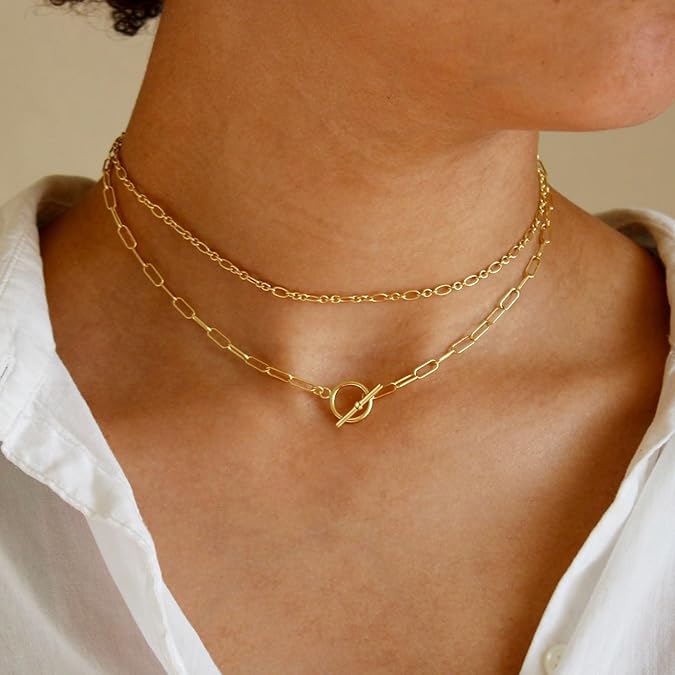 Gold Layered Necklaces for Women, 14K Dainty Gold Chain Necklace Women Trendy Cuban Link Paperclip Chain Toggle Clasp Necklace Fashion Chunky Jewelry for Women XL-034