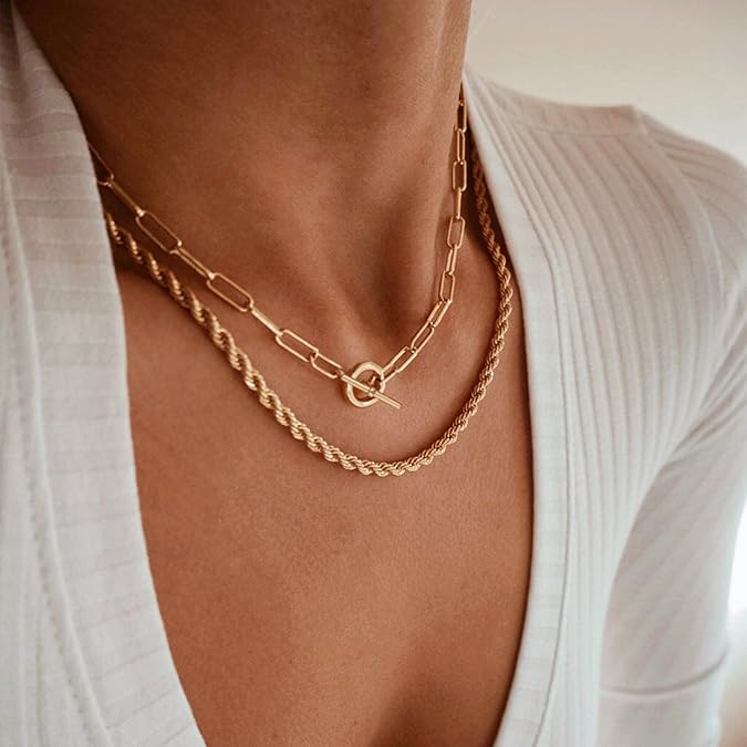 Gold Layered Necklaces for Women, 14K Dainty Gold Chain Necklace Women Trendy Cuban Link Paperclip Chain Toggle Clasp Necklace Fashion Chunky Jewelry for Women XL-034