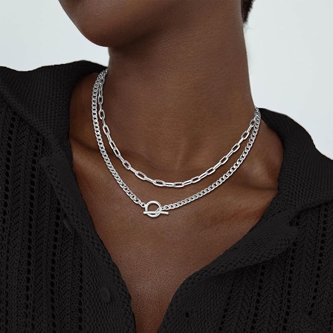 Gold Layered Necklaces for Women, 14K Dainty Gold Chain Necklace Women Trendy Cuban Link Paperclip Chain Toggle Clasp Necklace Fashion Chunky Jewelry for Women XL-034