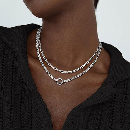Gold Layered Necklaces for Women, 14K Dainty Gold Chain Necklace Women Trendy Cuban Link Paperclip Chain Toggle Clasp Necklace Fashion Chunky Jewelry for Women XL-034