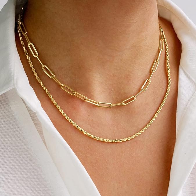Gold Layered Necklaces for Women, 14K Dainty Gold Chain Necklace Women Trendy Cuban Link Paperclip Chain Toggle Clasp Necklace Fashion Chunky Jewelry for Women XL-034