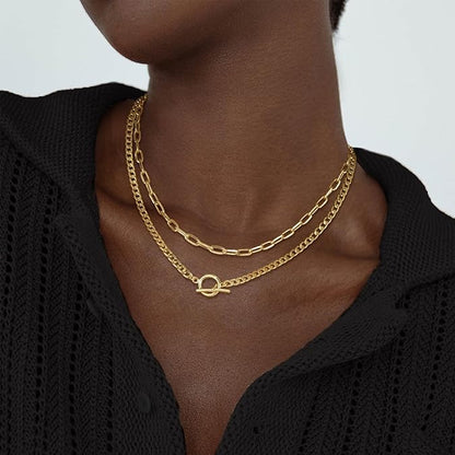 Gold Layered Necklaces for Women, 14K Dainty Gold Chain Necklace Women Trendy Cuban Link Paperclip Chain Toggle Clasp Necklace Fashion Chunky Jewelry for Women XL-034