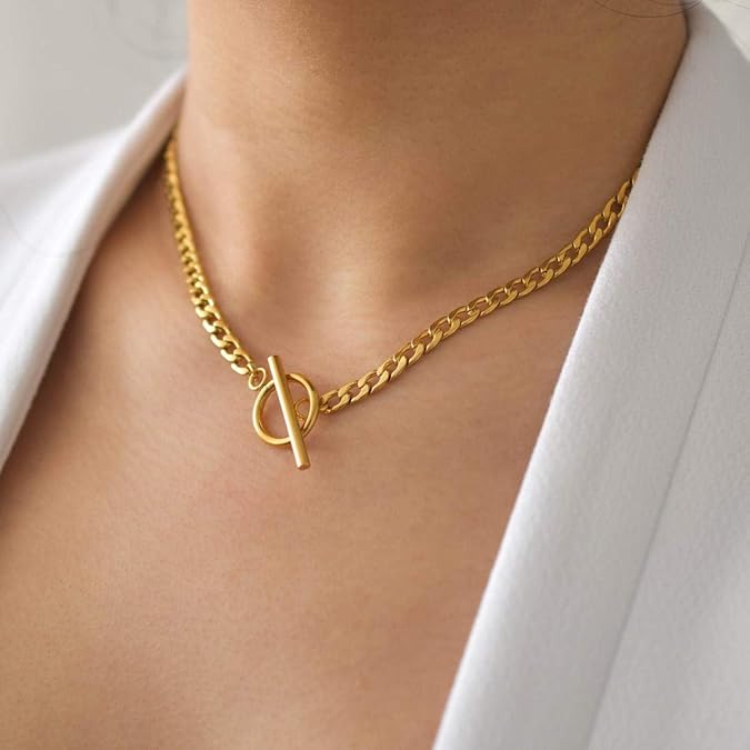 Gold Layered Necklaces for Women, 14K Dainty Gold Chain Necklace Women Trendy Cuban Link Paperclip Chain Toggle Clasp Necklace Fashion Chunky Jewelry for Women XL-034