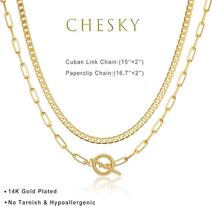 Gold Layered Necklaces for Women, 14K Dainty Gold Chain Necklace Women Trendy Cuban Link Paperclip Chain Toggle Clasp Necklace Fashion Chunky Jewelry for Women XL-034