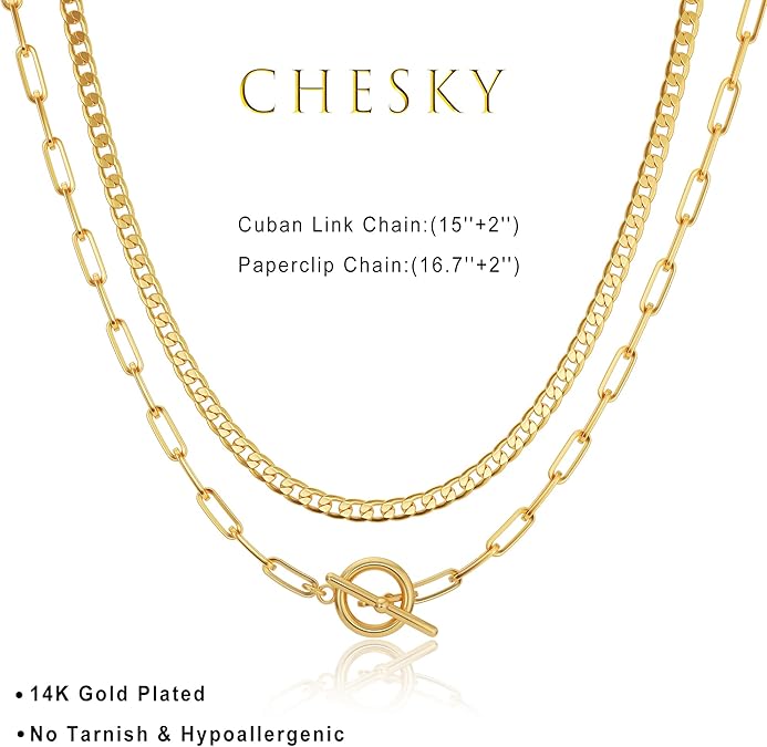 Gold Layered Necklaces for Women, 14K Dainty Gold Chain Necklace Women Trendy Cuban Link Paperclip Chain Toggle Clasp Necklace Fashion Chunky Jewelry for Women XL-034