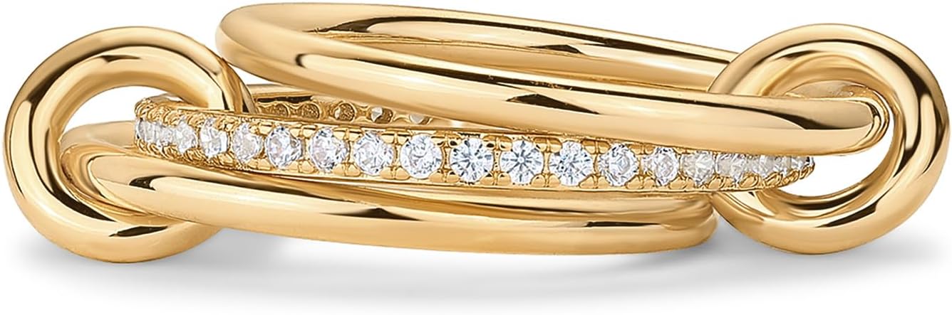 Gold Plated Interlocked Stackable Rings for Women - Statement Mixed Metals Multi Ring Stack - Cubic Zirconia Two-Toned Connected Bands Stacking Jewelry JZ-017