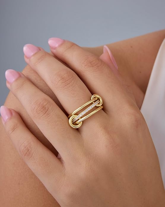 Gold Plated Interlocked Stackable Rings for Women - Statement Mixed Metals Multi Ring Stack - Cubic Zirconia Two-Toned Connected Bands Stacking Jewelry JZ-017