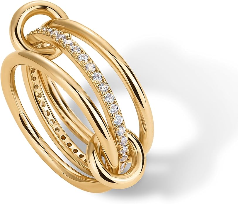 Gold Plated Interlocked Stackable Rings for Women - Statement Mixed Metals Multi Ring Stack - Cubic Zirconia Two-Toned Connected Bands Stacking Jewelry JZ-017