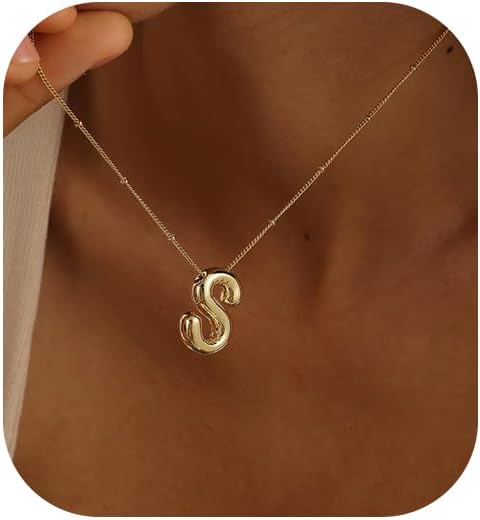 Bubble Gold Letter Necklace for Women, 14k Gold Plated Balloon Initial Letter Pendant Necklace Dainty Charm Initial Necklaces for Women Trendy Chunky Custom Name Necklace Gold Jewelry for Womens XL-035