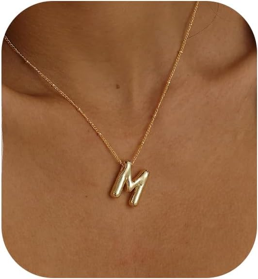 Bubble Gold Letter Necklace for Women, 14k Gold Plated Balloon Initial Letter Pendant Necklace Dainty Charm Initial Necklaces for Women Trendy Chunky Custom Name Necklace Gold Jewelry for Womens XL-035
