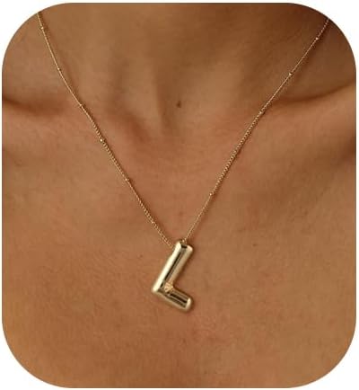 Bubble Gold Letter Necklace for Women, 14k Gold Plated Balloon Initial Letter Pendant Necklace Dainty Charm Initial Necklaces for Women Trendy Chunky Custom Name Necklace Gold Jewelry for Womens XL-035