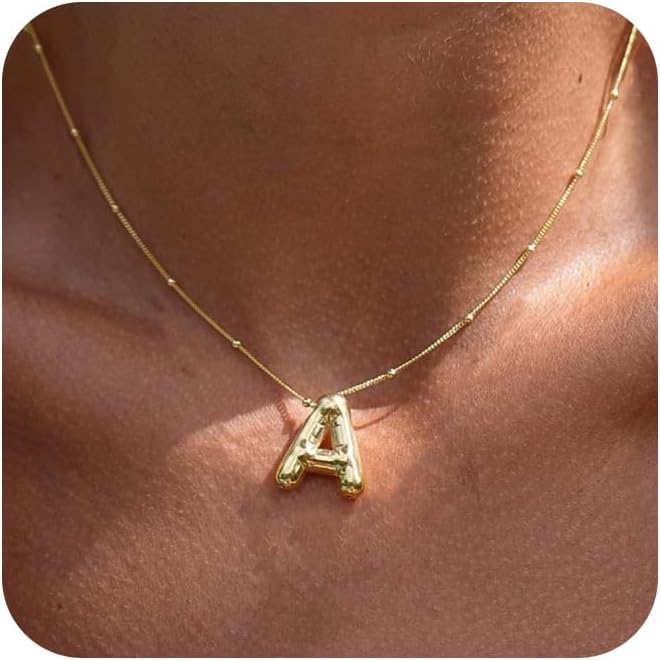 Bubble Gold Letter Necklace for Women, 14k Gold Plated Balloon Initial Letter Pendant Necklace Dainty Charm Initial Necklaces for Women Trendy Chunky Custom Name Necklace Gold Jewelry for Womens XL-035