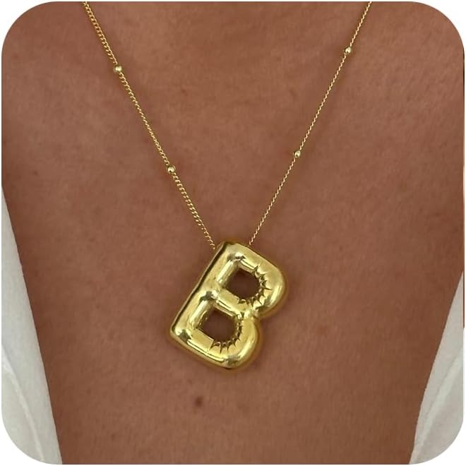 Bubble Gold Letter Necklace for Women, 14k Gold Plated Balloon Initial Letter Pendant Necklace Dainty Charm Initial Necklaces for Women Trendy Chunky Custom Name Necklace Gold Jewelry for Womens XL-035