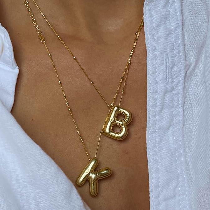 Bubble Gold Letter Necklace for Women, 14k Gold Plated Balloon Initial Letter Pendant Necklace Dainty Charm Initial Necklaces for Women Trendy Chunky Custom Name Necklace Gold Jewelry for Womens XL-035