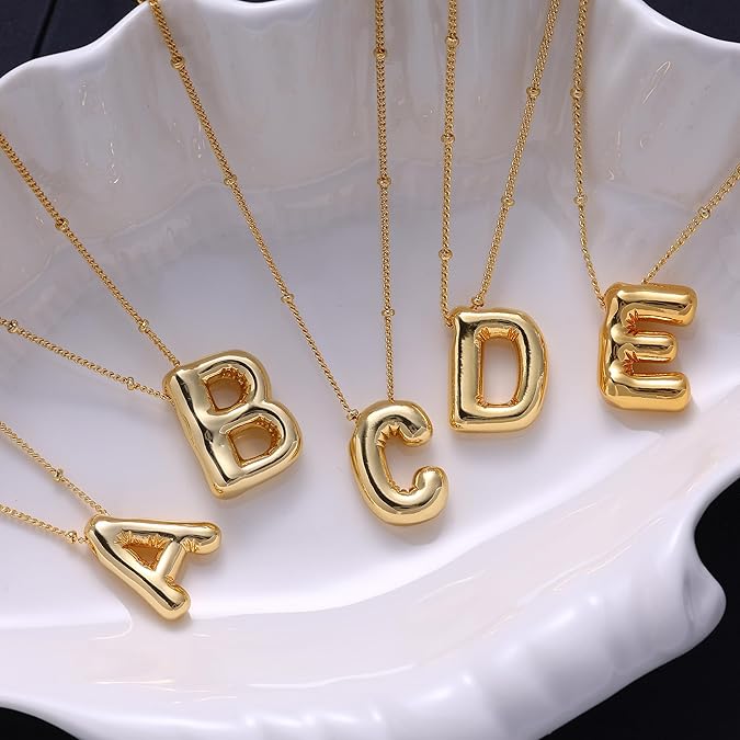Bubble Gold Letter Necklace for Women, 14k Gold Plated Balloon Initial Letter Pendant Necklace Dainty Charm Initial Necklaces for Women Trendy Chunky Custom Name Necklace Gold Jewelry for Womens XL-035
