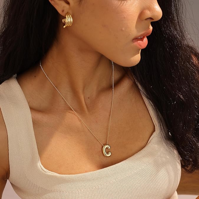 Bubble Gold Letter Necklace for Women, 14k Gold Plated Balloon Initial Letter Pendant Necklace Dainty Charm Initial Necklaces for Women Trendy Chunky Custom Name Necklace Gold Jewelry for Womens XL-035